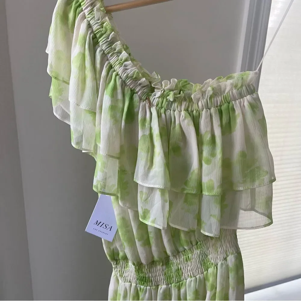 MISA Rumi MIDI Revolve Chiffon One Shoulder Dress in Honeydew Large‎ NWT